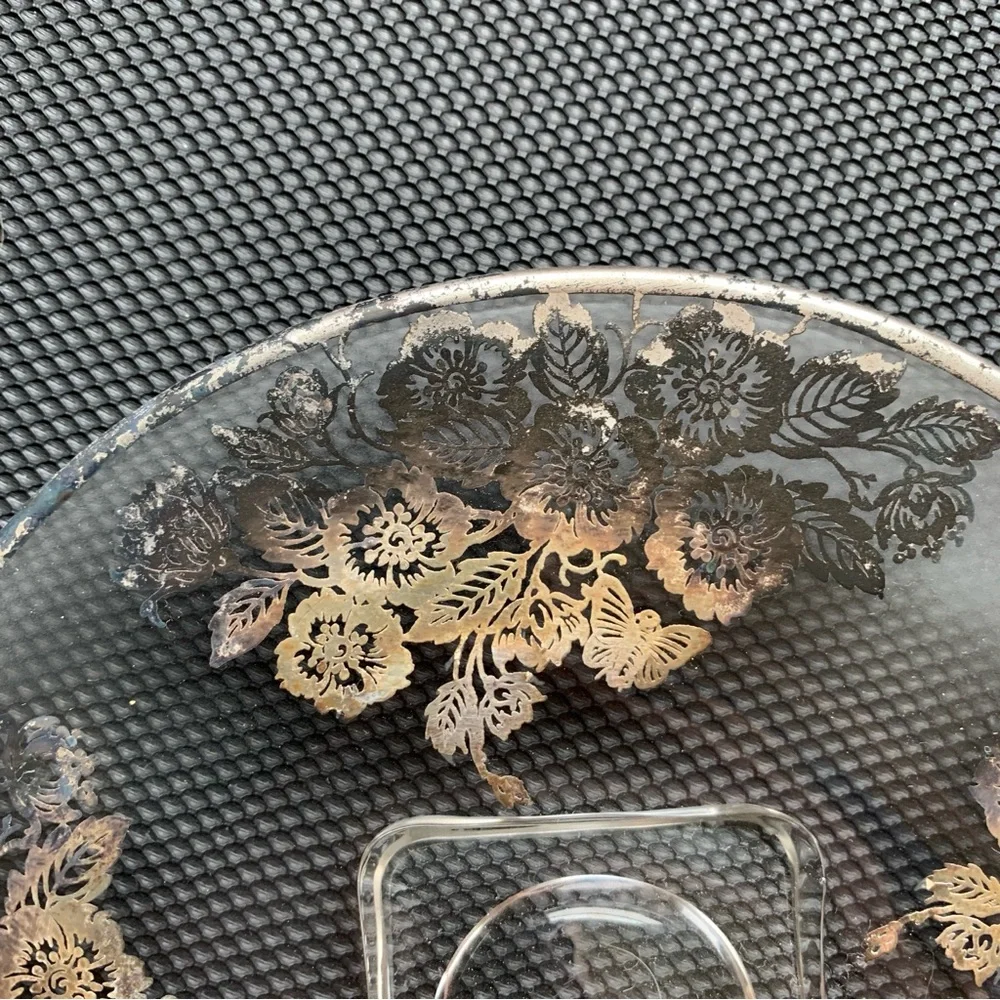 Vintage Plate Glass Gold Floral Design Decorative 7 Inches